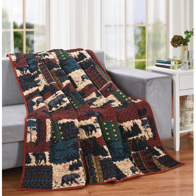 Gwinner Bears Scarlet and Black Patchwork Woodland Forest Themed 60" x 50" Decorative Throw Quilt Blanket