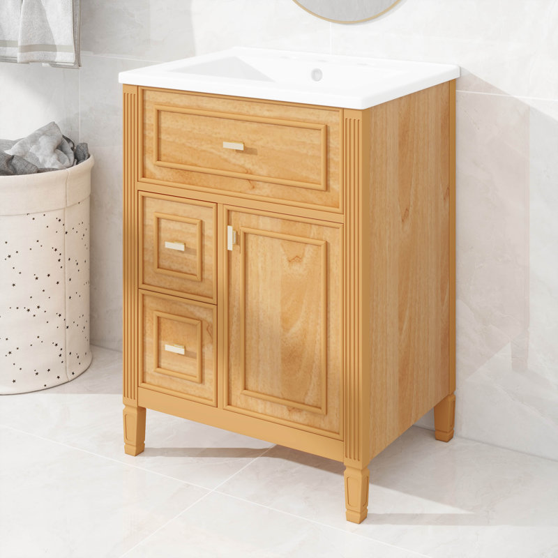 Meuble-lavabo 24 po avec lavabo, meubles-lavabos avec lavabo, 1 tiroir rabattable, 2 tiroirs et tablette réglable, Bois
