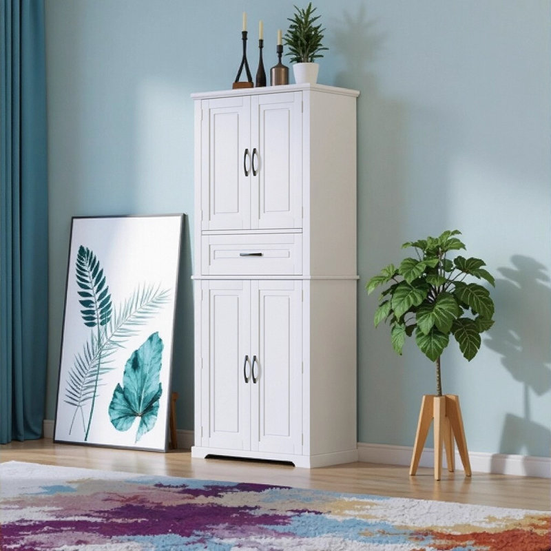 Bathroom Storage Cabinet with Multi-Functional Space, Adjustable Shelf, and Anti-Tipping Device, White, White