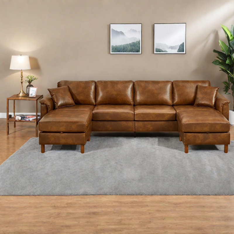 Sectionals with Storage, 120 Inch PU Leather Rustic Sofa for Home Family, Brown