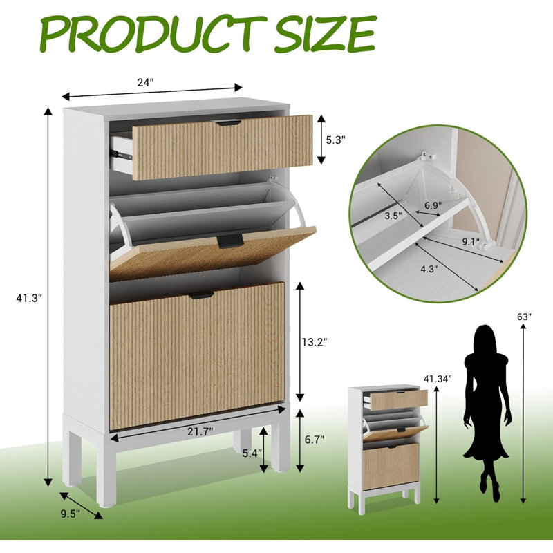 Shoe Storage Cabinet With 2 Flip Drawers, Metal Legs, White/Oak