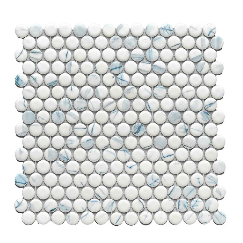 Eterna Penny 12"x12" Recycled Glass Mosaic Tile, Calacatta Blue