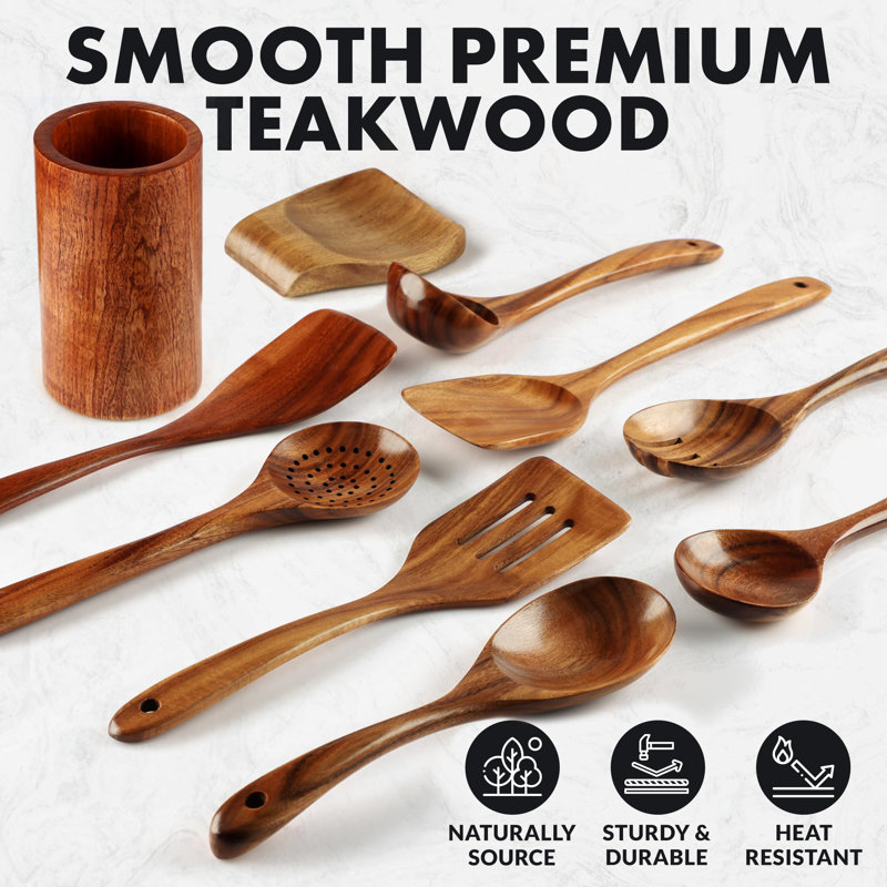 Teak Wood 10-Piece Cooking Utensil Set with Holder
