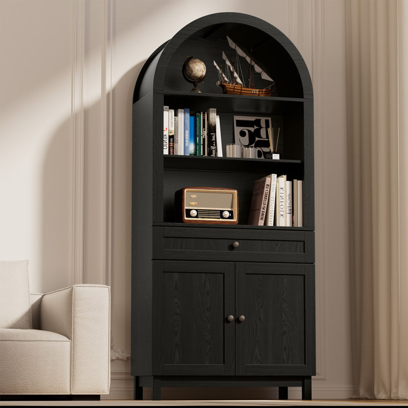 71" Arched Storage Bookcase, Display Cabinet With Adjustable Shelf And Drawer, Black