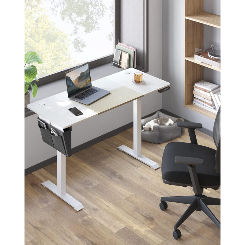 Hadrien Adjustable Height Steel Desk with Built-In Electrical Outlet, 120cm H x 140cm W x 60cm D, White/Beige/White