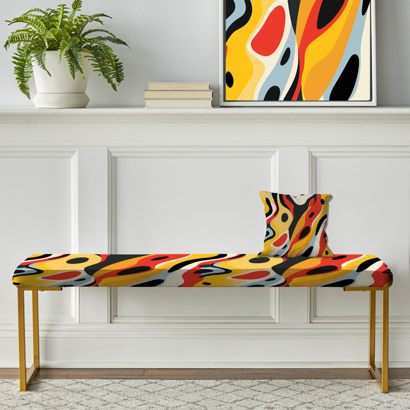 Yellow And Red Poupart Lichtenstein Lines - Geometric Upholstered Gold Bench