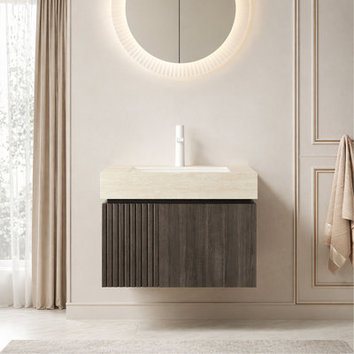 24" Bathroom Vanity&Sink, Floating Plywood Storage Cabinet with 2 Doors, Roma Travertine Sintered Stone Top&Ceramic Basin with 1 Pre-drilled Faucet Hole, Pre-assembled