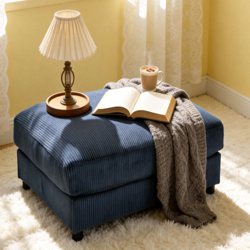 Corduroy Upholstered Rectangle Ottoman, Dark Blue