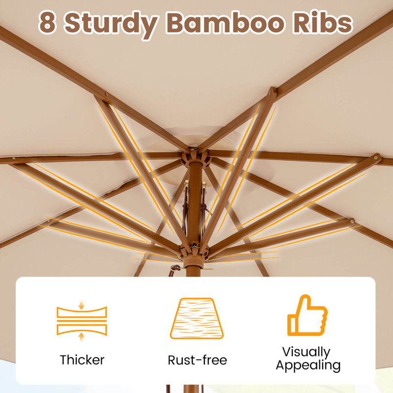 Parasol de patio de 9 pi avec hauteur réglable, élévateur à poulie à corde, plateau ventilé pour la plage, Beige