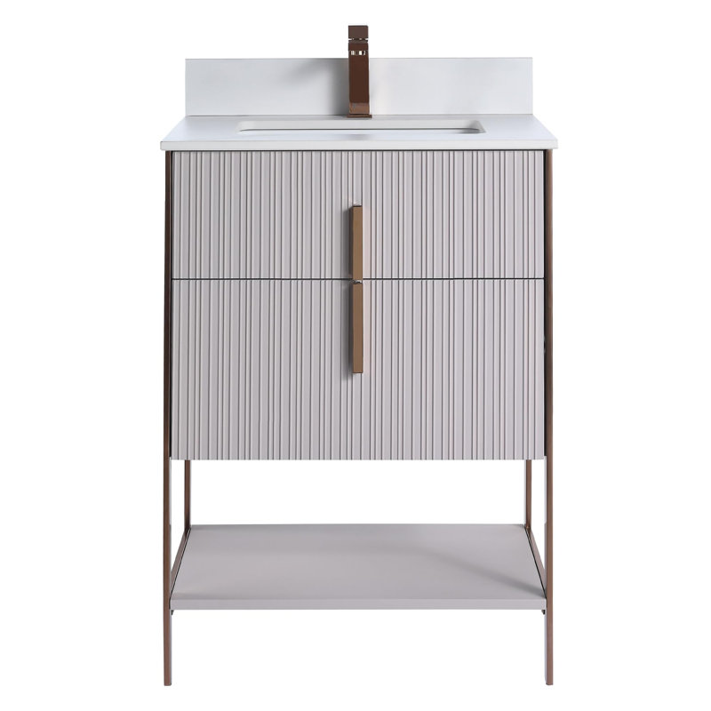 Meuble-lavabo moderne avec plateau en pierre Serenity, Taupe vif / or rose, 24", Pierre artificielle blanche