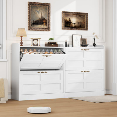 Armoire à chaussures compacte pour vestibule peu encombrante - rotin 3 tiroirs, tablettes réglables, rangement pour chaussures autoportant avec portes pour couloir / placard - blanc rétro