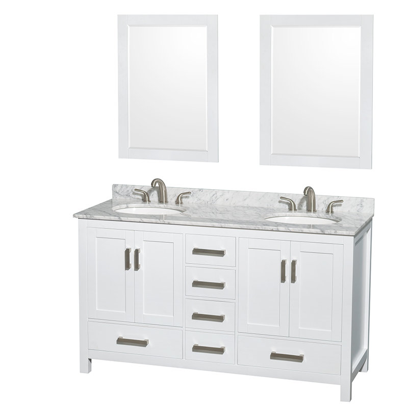 Meuble-lavabo double autoportant 72 po avec plateau en marbre Sheffield, Espresso, L 60 po, Marbre de Carrare blanc