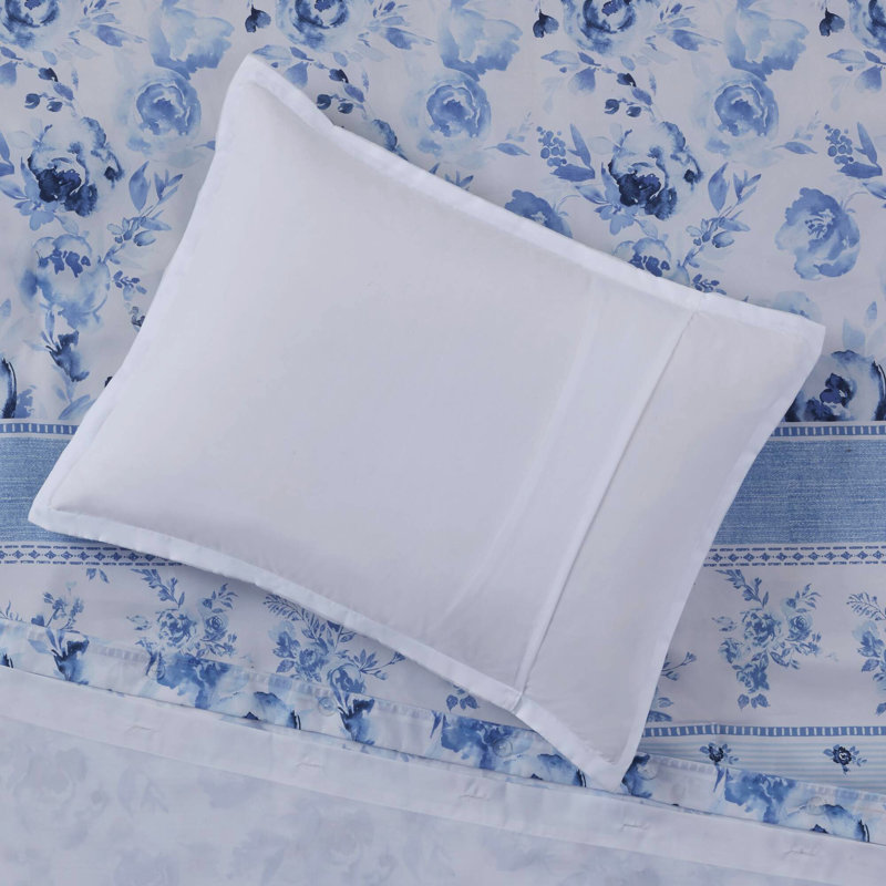 Ensemble de literie à rayures florales double / grand, microfibre, bleu, housse de couette attrayante à boutons / double, 100% bleu