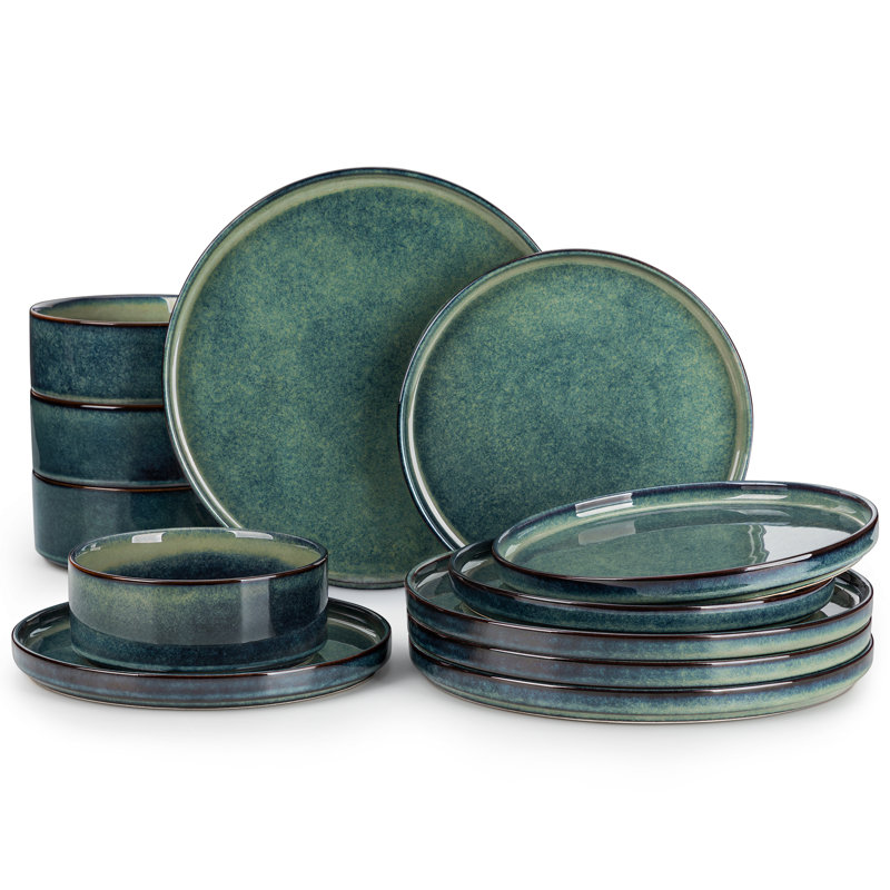 12 Pieces Kitchen Dinnerware Set, Blue Set, Stoneware Dinnerware, Plate And Straight Edge Bowl Set For 4 Person, Green