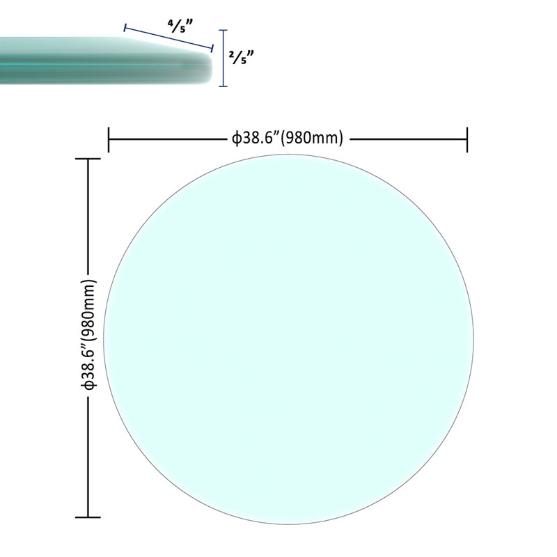 38,6 po. Plateau de table rond en verre trempé; verre transparent, bord biseauté et épais de 2/5 po (seulement le plateau)