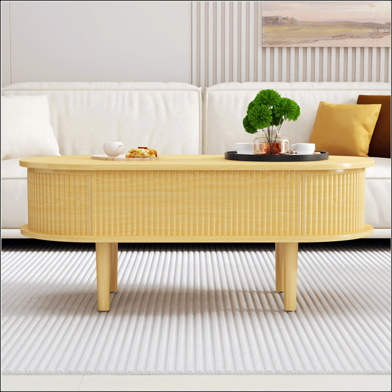 Table basse à plateau relevable cannelé avec compartiment caché, Bois naturel
