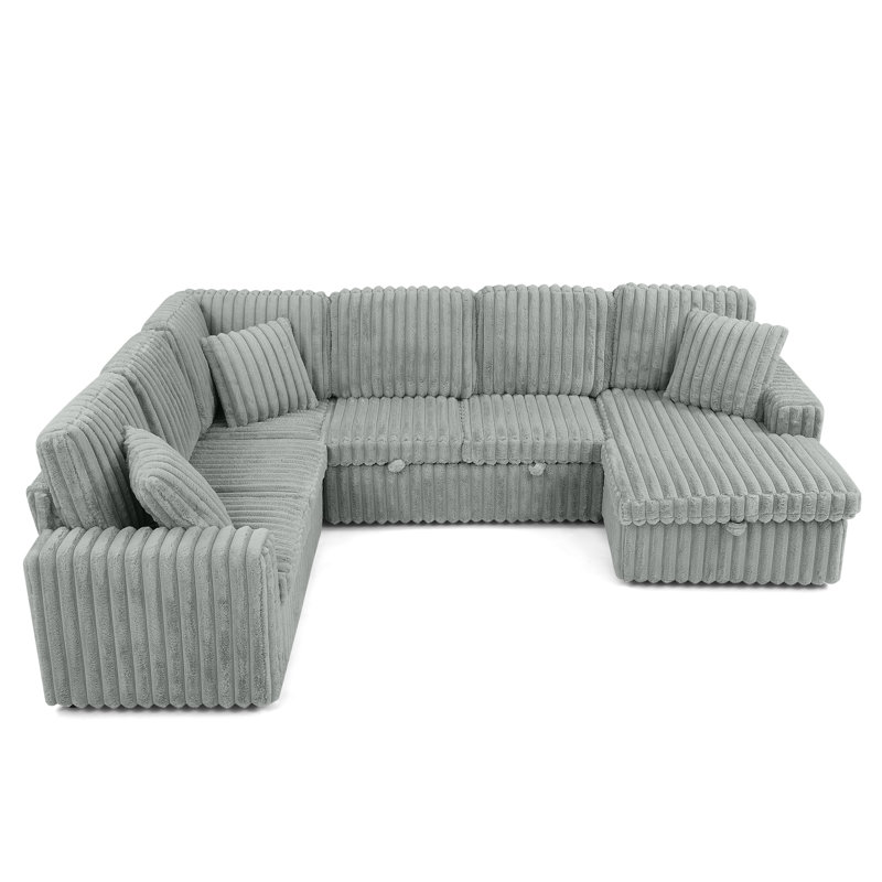 Horeb Corduroy Striped Sectional Sofa with Pull-Out Bed & Storage Chaise, Gray Corduroy