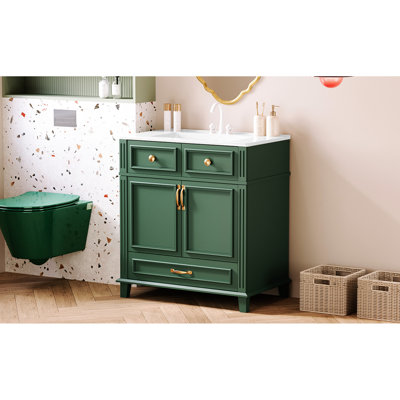 Meuble-lavabo de 30 po avec lavabo en céramique, poignée en métal exquis et bassin rétro brillant facile à assembler, charnières, motif unique pour un plaisir visuel