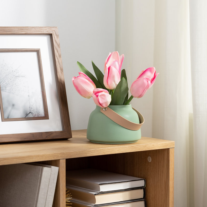 Vase de table vert sauge en céramique avec poignée à sangle Lido, H 3,5 po x l 5 po x P 5 po, Vert sauge