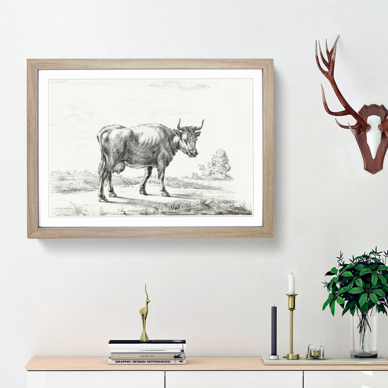 A Cow In The Meadow by Jean Bernard - Single Picture Frame Print, Oak Framed, 45cm H x 63cm W x 2cm D