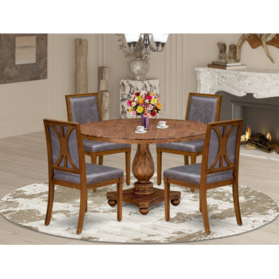 5-Piece Dining Set Consists of a round table top with a stylish pedestal and 4 Pu leather Dark Gray Padded Chairs with high backs - Antique Walnut