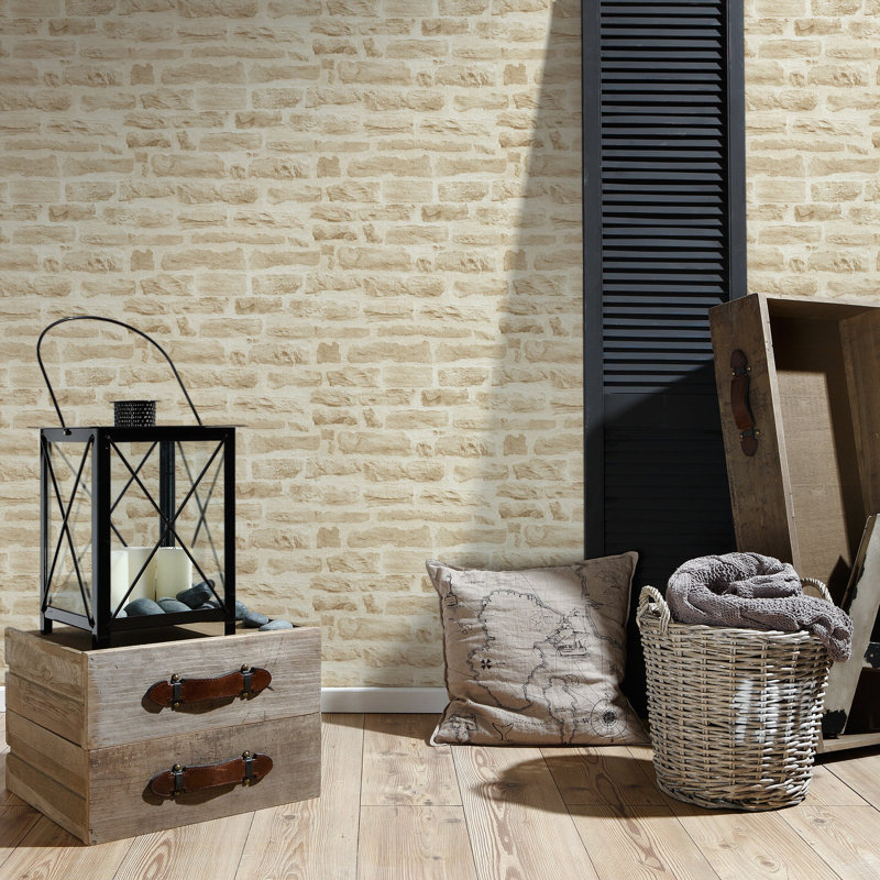 Bricks and More Collection Rocky Brick Motif Wallpaper Roll, Beige
