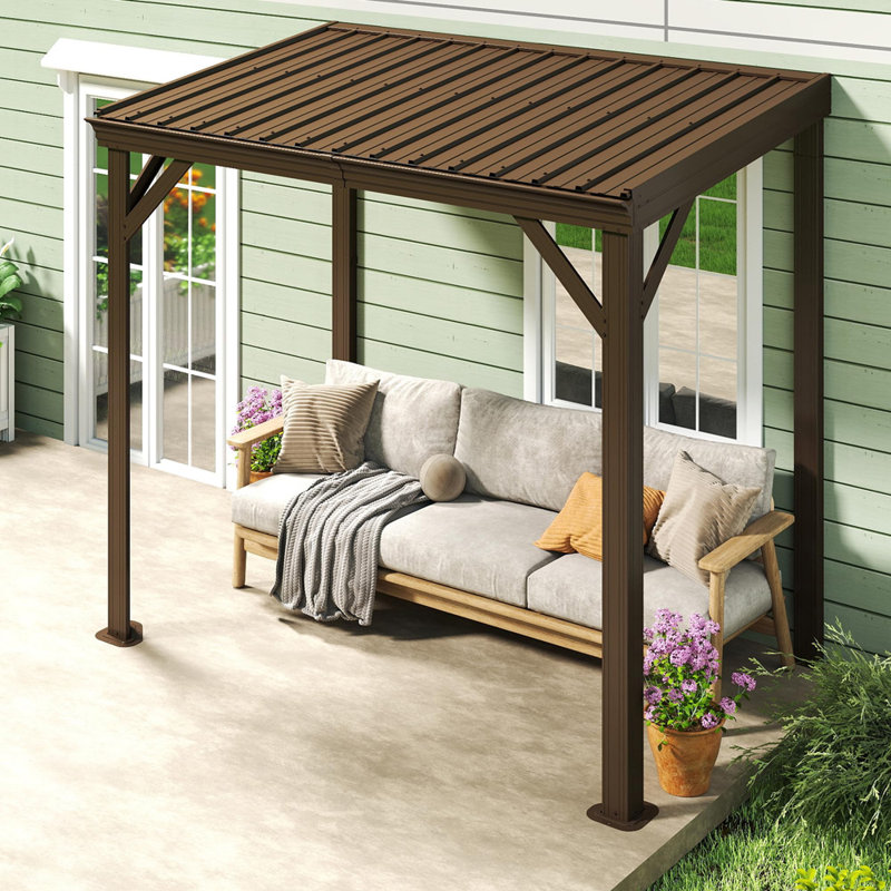 Pergola en métal avec système de drainage intégré, toit en acier galvanisé, 8 pi x 5 pi, Brun