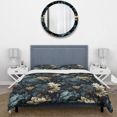 Ensemble de housse de couette damassé Glamour VII bleu foncé et doré