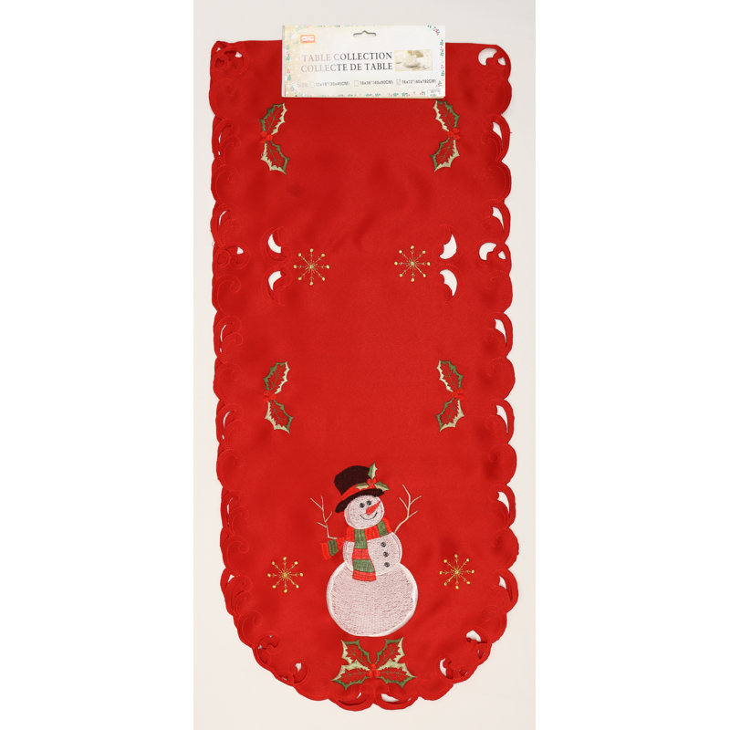 Tapis de broderie (16 x 72 po) - Bonhomme de neige de Noël / rouge