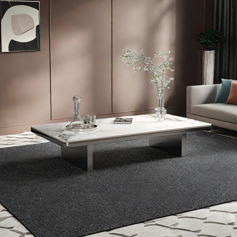 Rectangular rock slab floating coffee table, 13.8" H x 55.1" L x 31.5" W, White