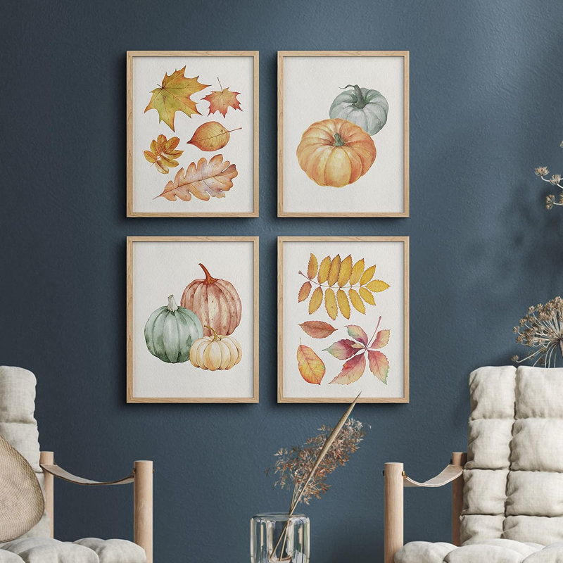 «Autumn Fall Thanksgiving Pumpkin Tree», reproduction de papier encadrée sur papier 4 pièces, Naturel, H 10 po x l 8 po