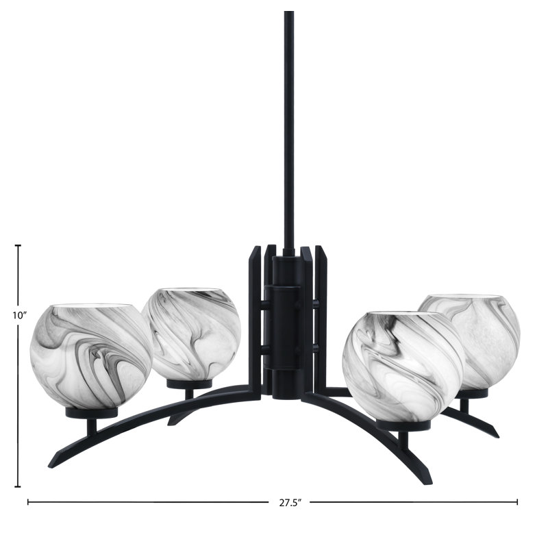 Lustre 4 lumières kurve illustré en finition noir mat avec verre tourbillon onyx de 5,75 po