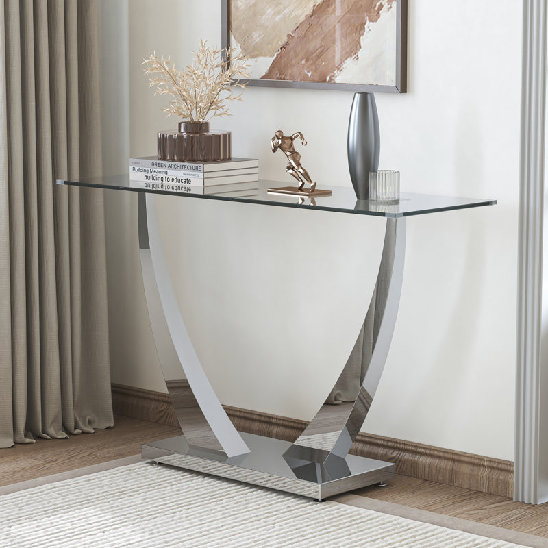 47.24" Glass Top Console Table With U-shape Sleek Stainless Steel Base, Silver