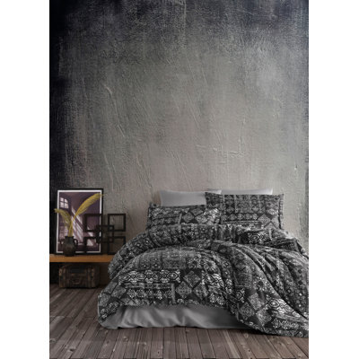 Ensemble de housse de courtepointe Luxury Satin King, 100% coton, noir et gris | Housse de couette 94,5 po x 86,6 po, 2 taies d'oreiller 23,6 po x 23,6 po | 210 fils, lavable à la machine, fermeture à boutons élégante, douce et durable