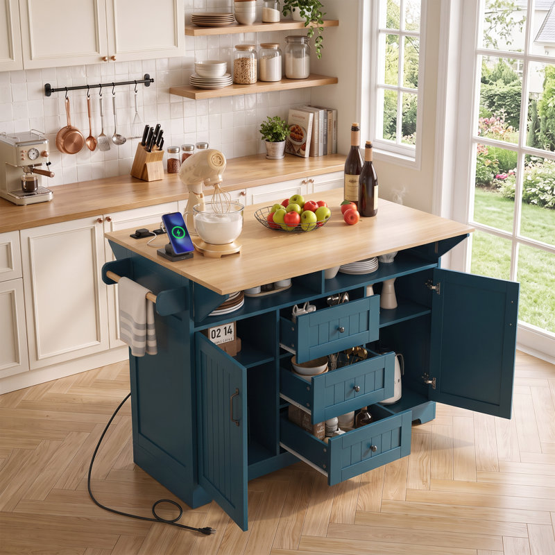 Îlot de cuisine l 55,7 po avec comptoir à abattants et armoire de rangement, Vert