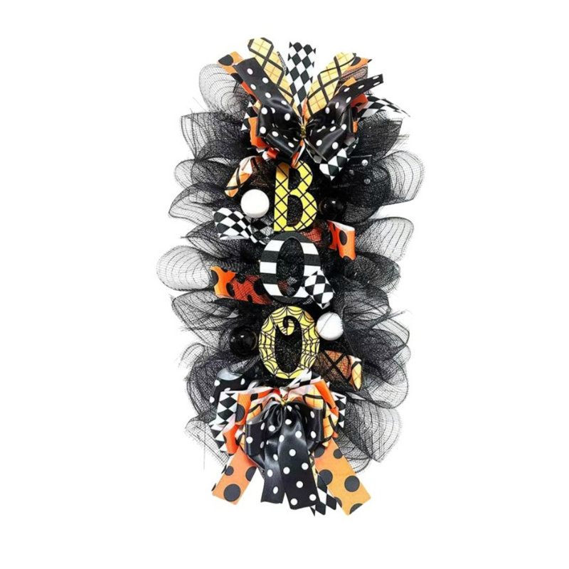Guirlande de porte d'Halloween BOO en maille, couronne de porte noire à pois orange pour décoration de maison hantée d'Halloween
