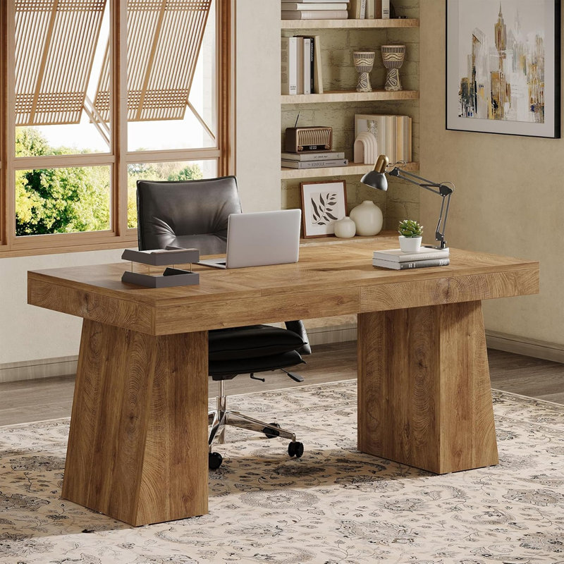 Bureau de direction moderne 55,12 po en bois brun clair avec double caisson pour bureau