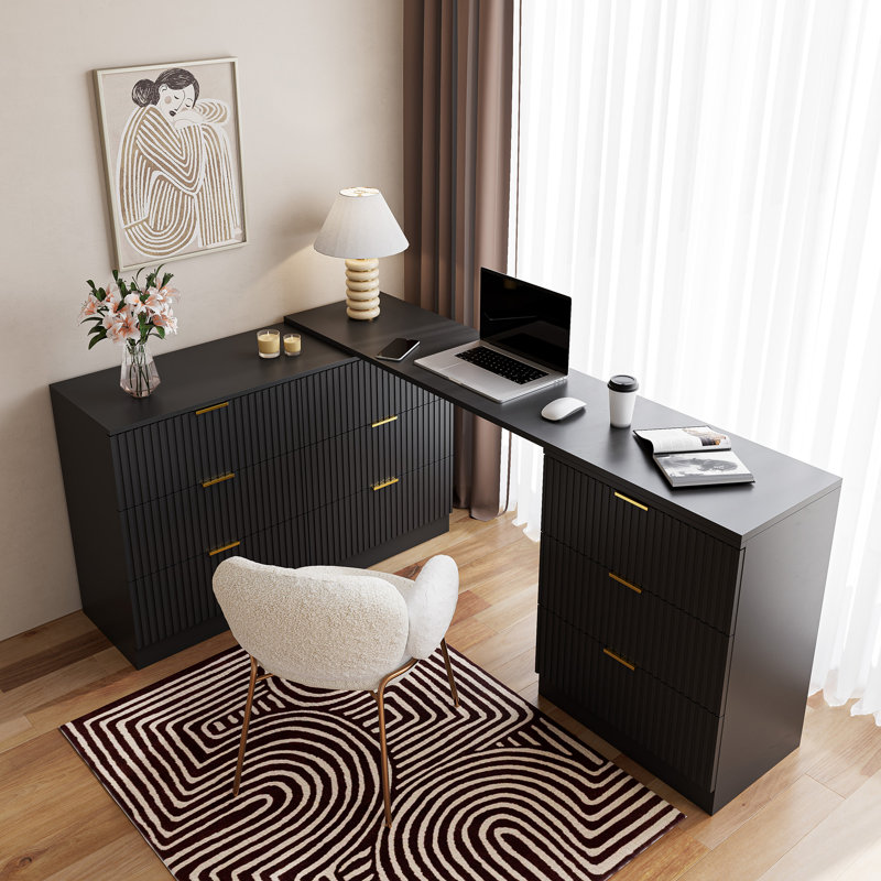 Ebern Designs L-Shaped Home Office Desk, Extendable Dresser With 9 Drawers & Reviews
