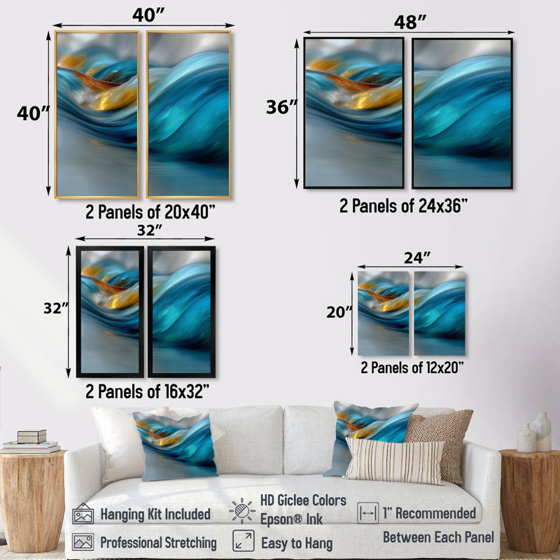 «Yellow Blue Wave Rhythmic River - Coastal Wall Art», reproduction sur toile jaune 2 pièces, 32" H x 32" W, Noir