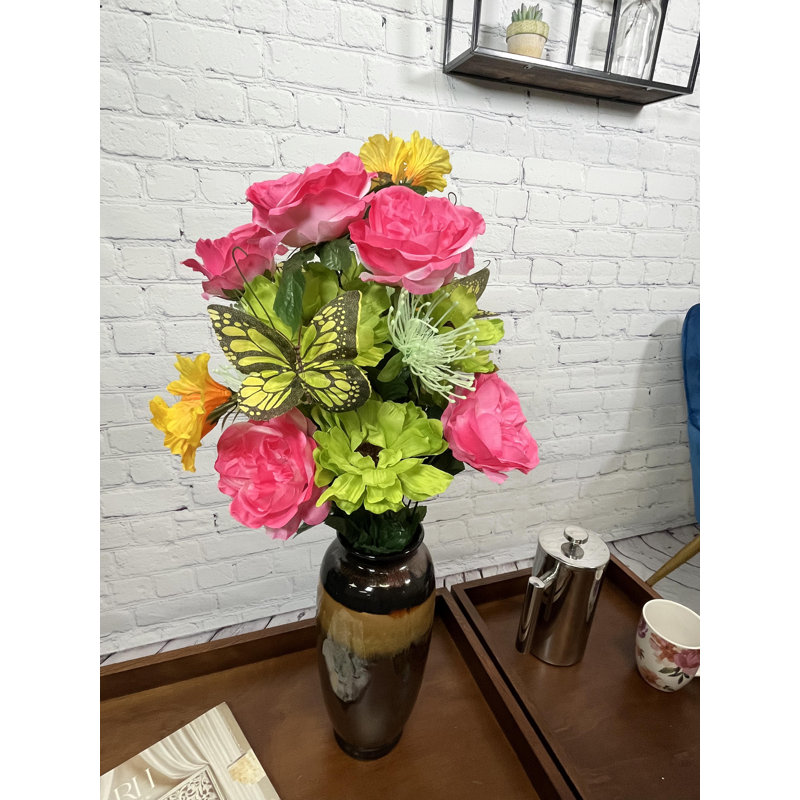 Arrangement floral roses artificielles, Vert / rose, jaune