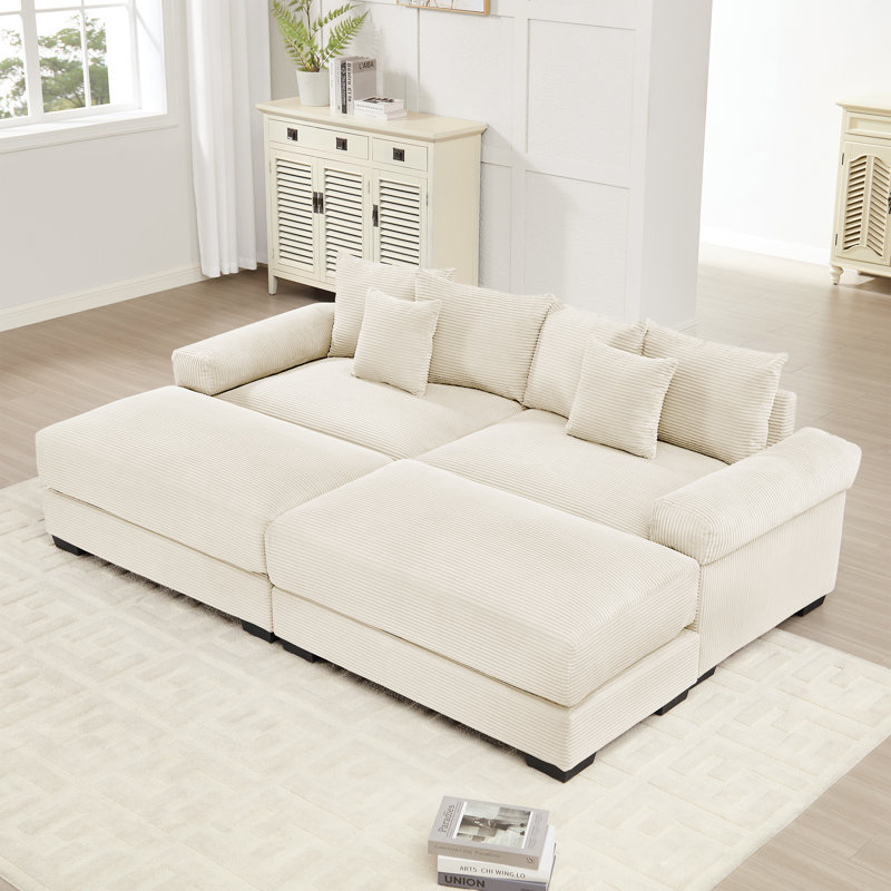 Canapé modulaire Quinton en velours côtelé avec 2 repose-pieds et coussins décoratifs Quinton, Velours côtelé beige