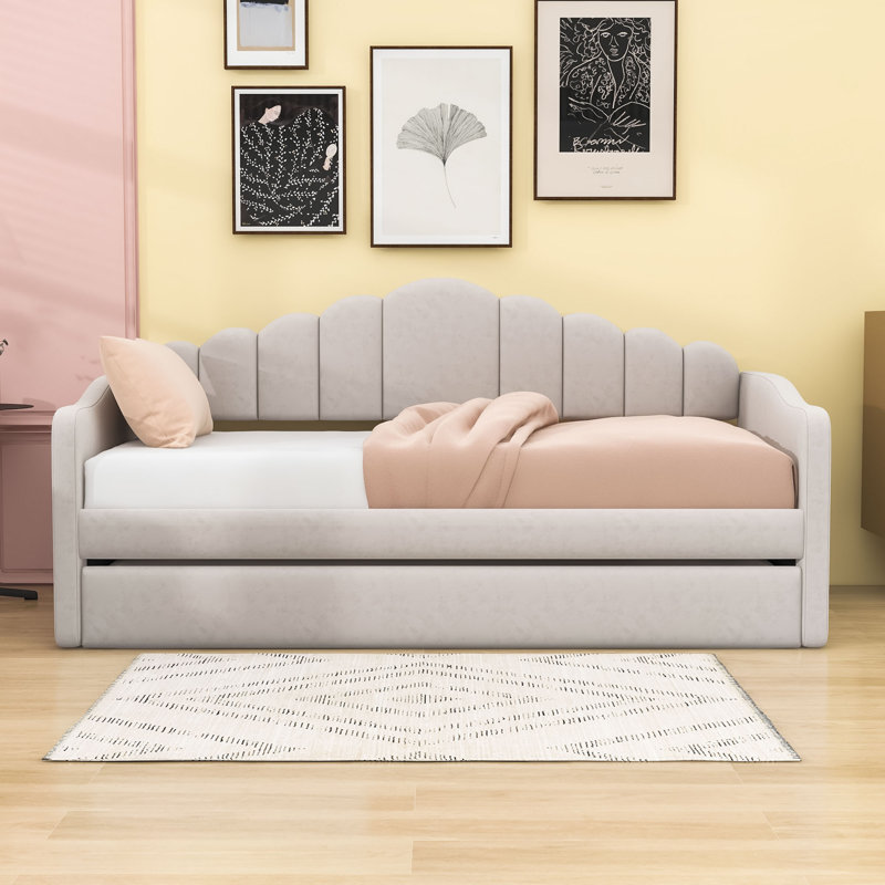 Lit de jour simple en velours avec ports de charge USB et lit gigogne simple coulissant, Beige