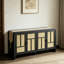 Buffet 59 po Boho noir en panneau de fibres à densité moyenne, 4 portes en rotin naturel avec 3 tablettes intérieures réglables, console de rangement de style campagnard pour le salon, la cuisine et l'entrée