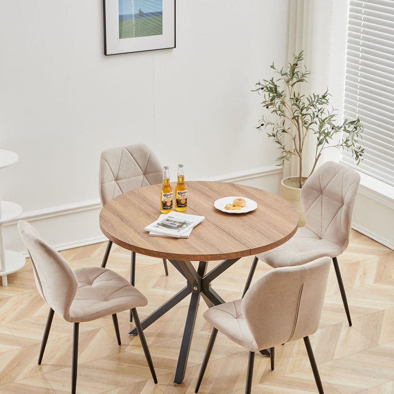 Modern Simple Round Solid Wood Dining Table Set - Set Of 4 Diamond Pattern Velvet Dining Chairs - Metal Legs - For Living Room/Bedroom