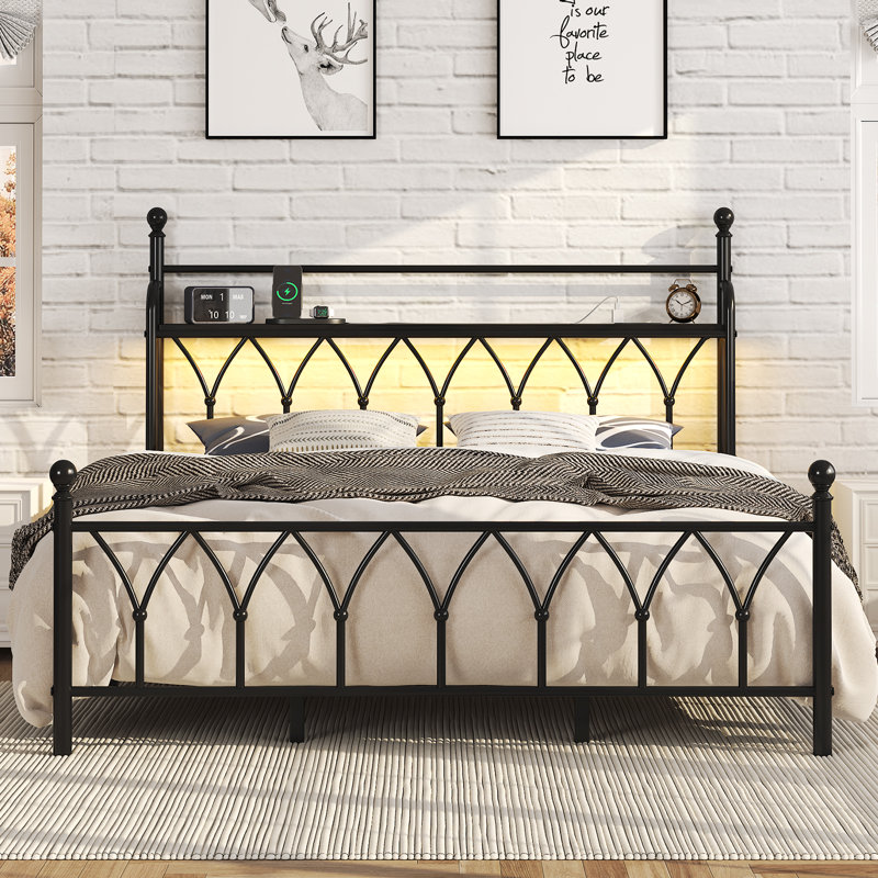 King Metal Platform Bed with Floral Style Headboard, Bed Frame with RGB LED Lights, Charging Station & Ample Storage Space, Easy Assembly, Black
