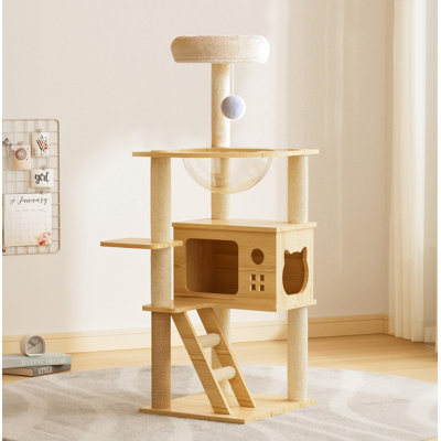 Tour à chat moderne de 48,8 po, arbre à chat en bois pour chats d'intérieur, arbre à chat avec poteaux à griffes recouverts de sisal et perchoir supérieur, condo pour chat avec hamac en acrylique pour petits chats de grande taille