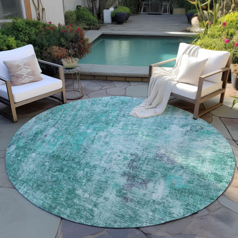 Tapis bleu sarcelle lavable à la machine intérieur / extérieur Ayush ACN655, Rond 8 pi