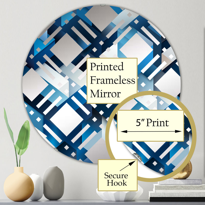Polygones géométriques minimalistes blancs et bleus II - Cercle de miroir décoratif à carreaux, 23,6 po x 23,6 po