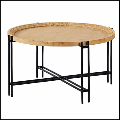 Table basse ronde en bois D32 x 18 avec pieds en métal, parfaite pour un décor moderne et rustique.