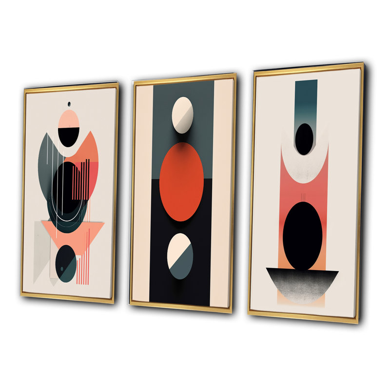 Full Moon Delight Retro Geometric Minimalism III - Transitional Art Set Of 3 Pieces, Encadrement doré, H 40 po x l 60 po